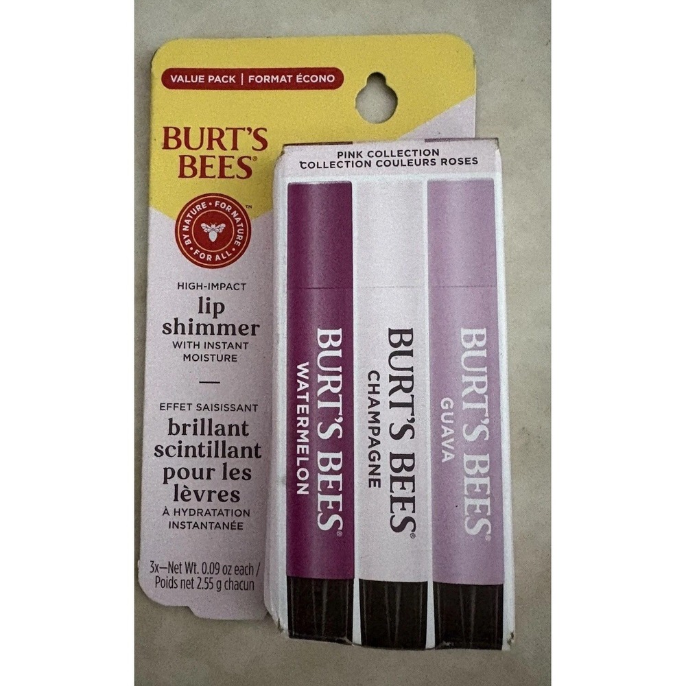 3 Burt's Bees Lip Shimmers Pinks-Watermelon + Guava + Champagne Hydration NEW!